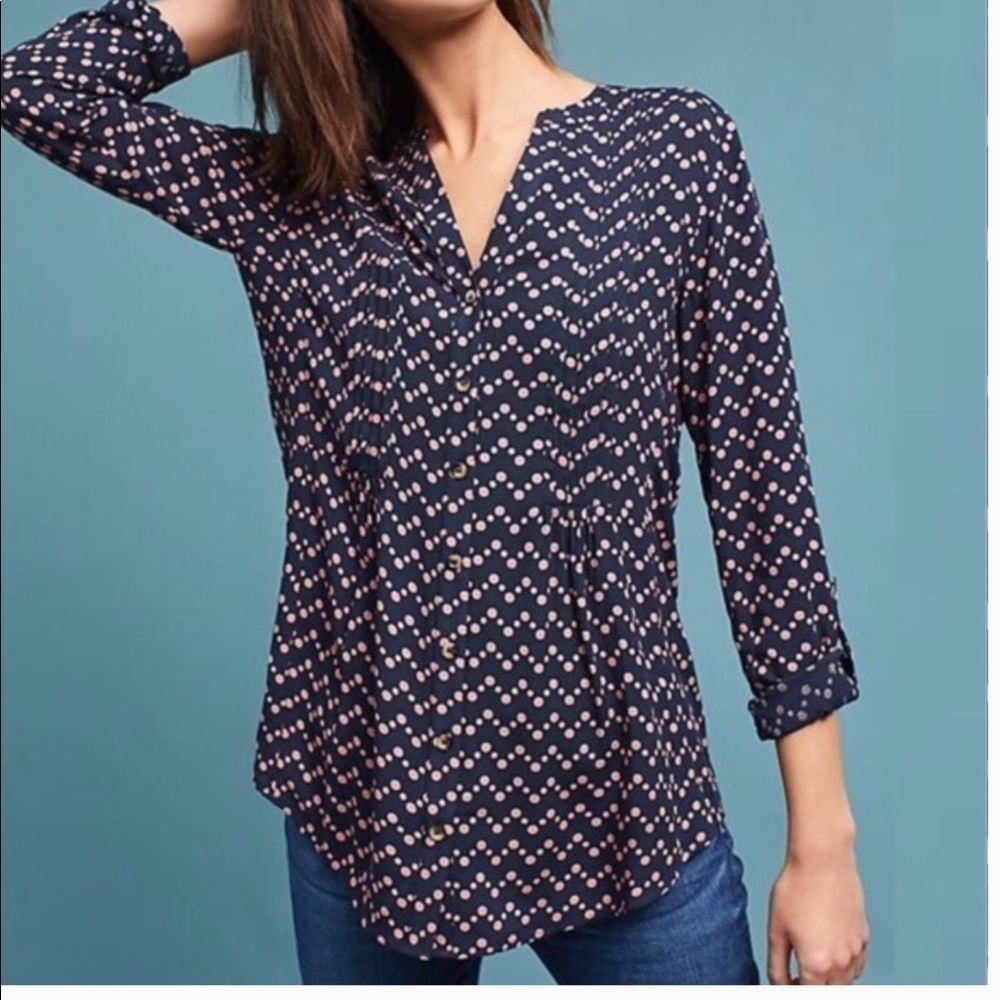 Anthro Maeve Navy Blouse Button Pink Dots T170